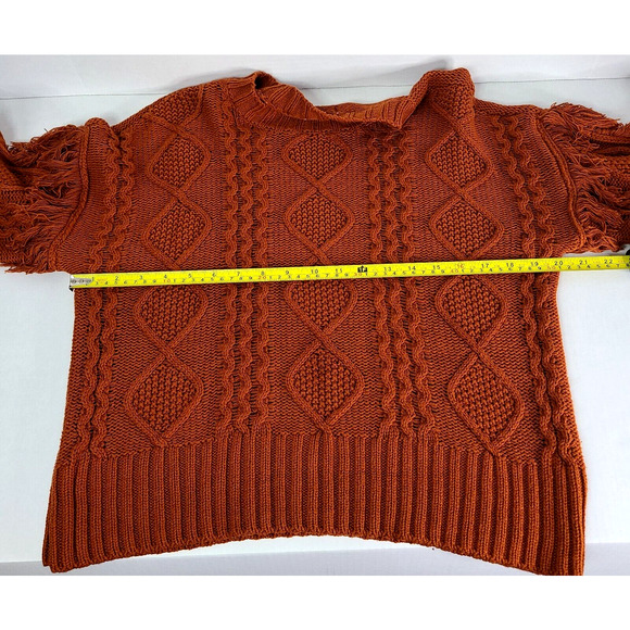 ANA Cable Knit Sweater Petite Small Bishop Sleeve Rust Orange Fringe Bohemian - Picture 10 of 13